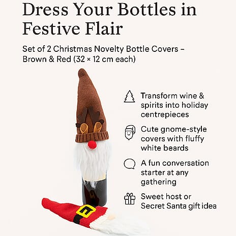 Set of 2 Christmas Novelty Bottle Cover (Size 32x12 Cm) - Brown & White