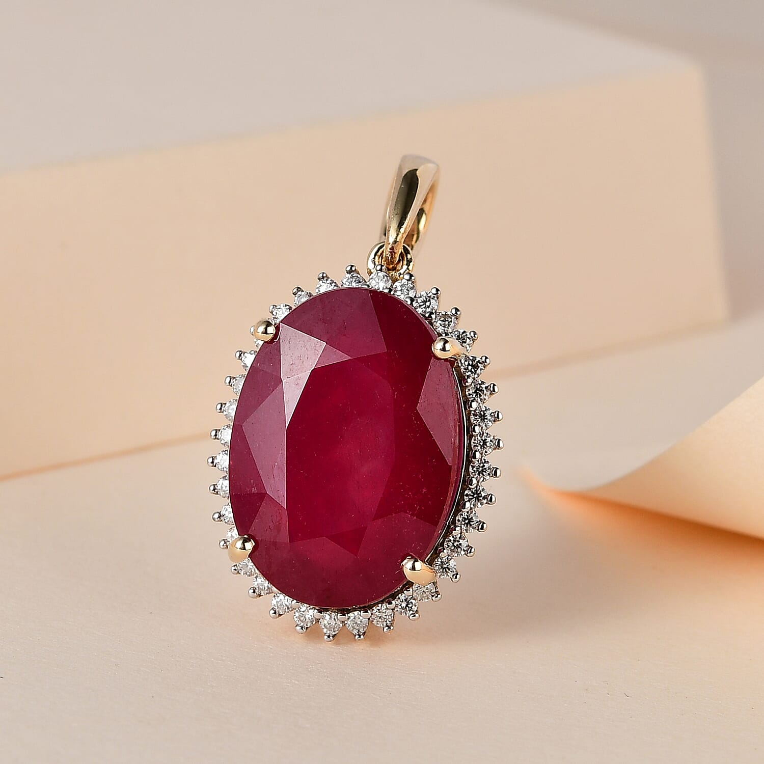 9K Yellow Gold African Ruby & Moissanite Pendant 19.57 Ct.