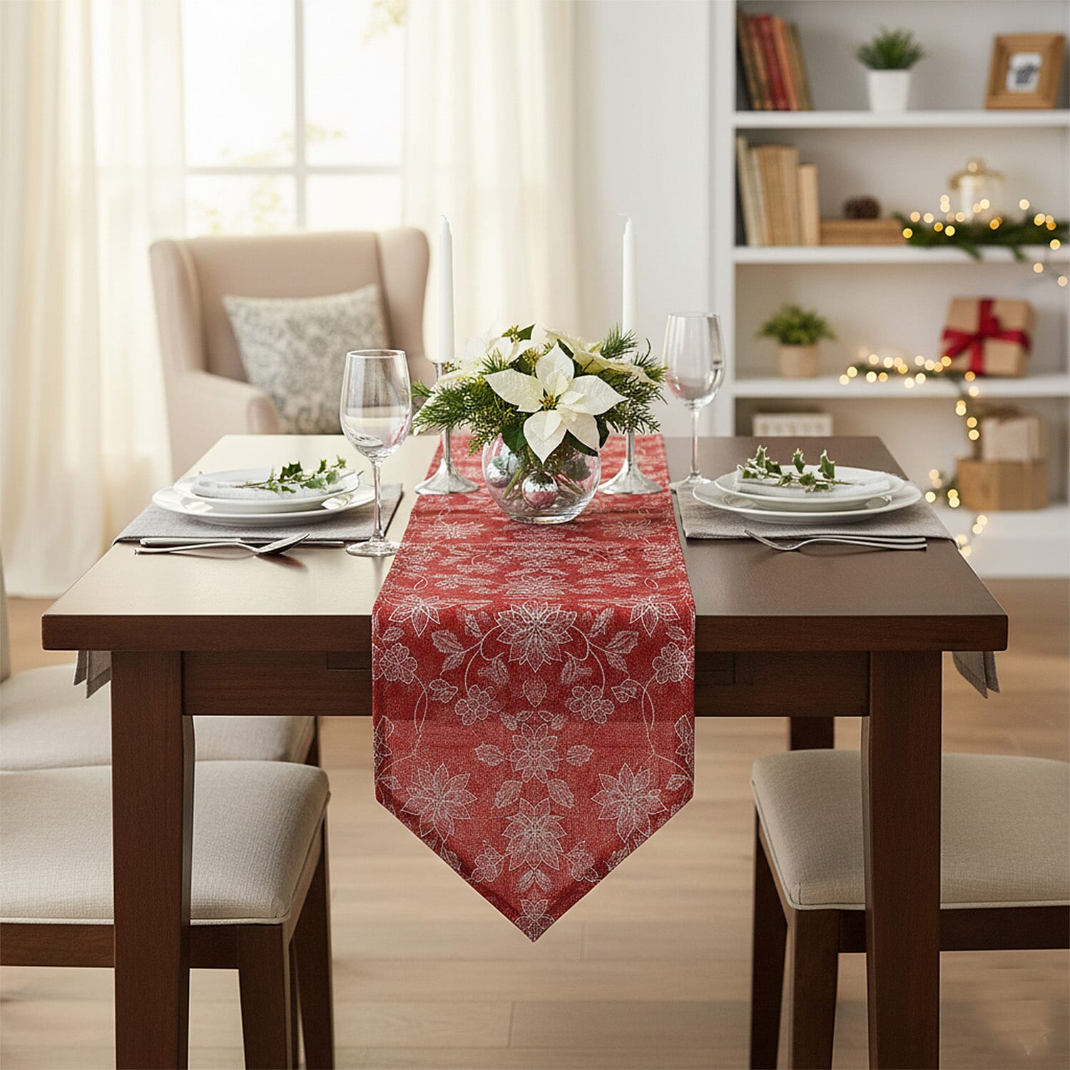 Christmas Poinsettia Table Runner (Size 190x31cm) - Red