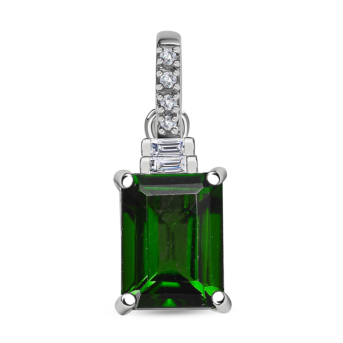 9K White Gold Natural Chrome Diopside and Diamond Pendant 1.61 Ct