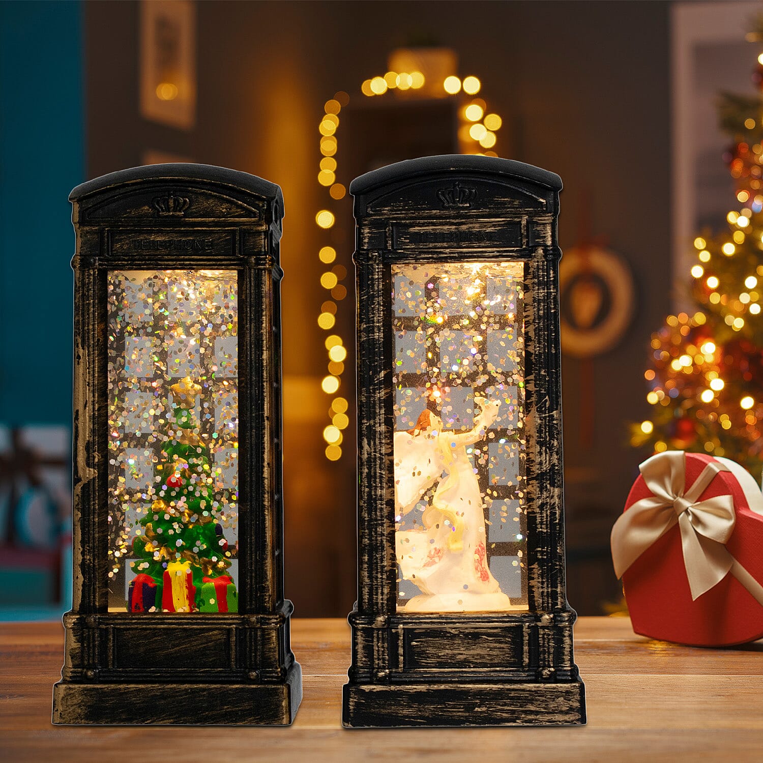 Set of 2 Light Up Telephone Box Christmas Decoration (Angel & Tree) - Multi