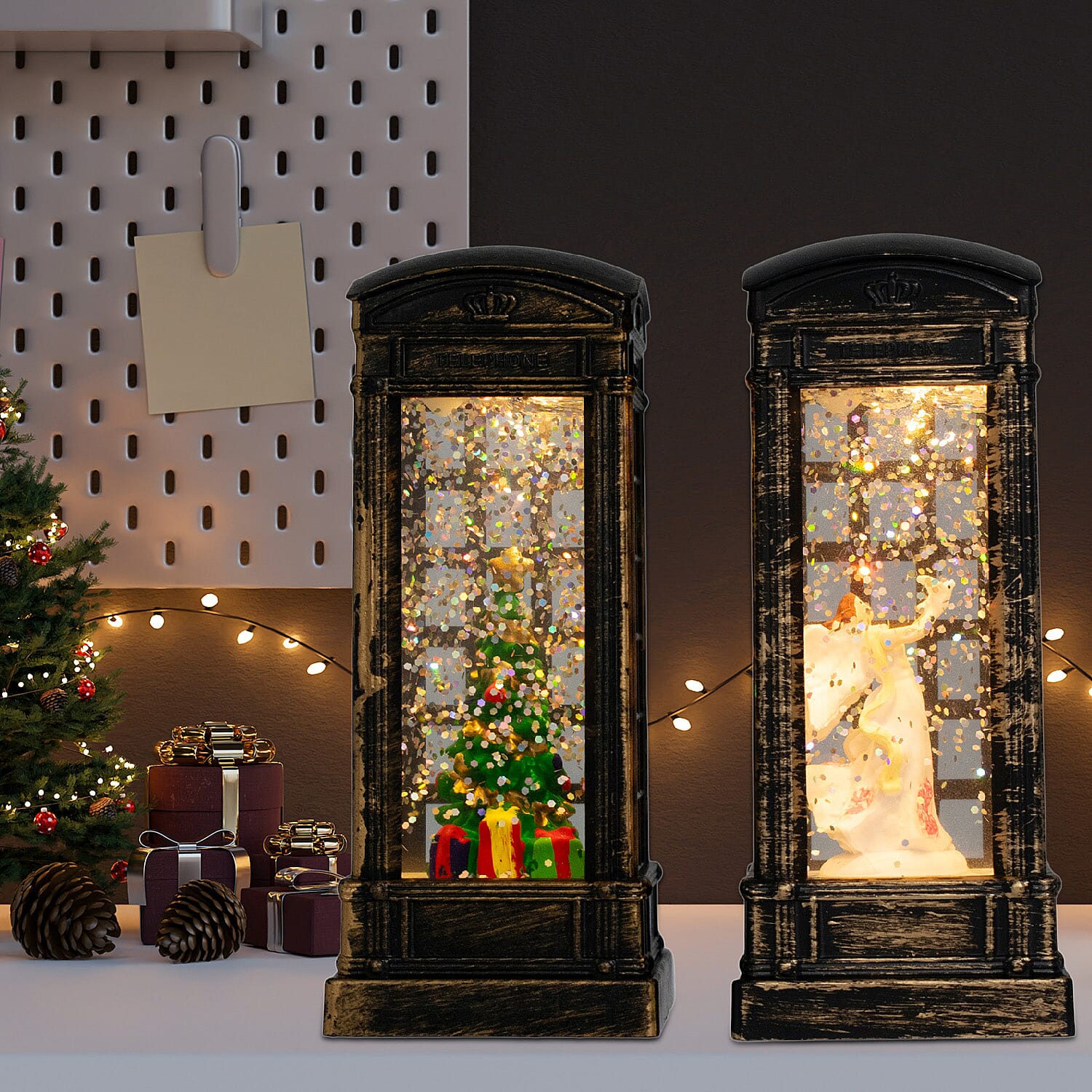 Set of 2 Light Up Telephone Box Christmas Decoration (Angel & Tree) - Multi