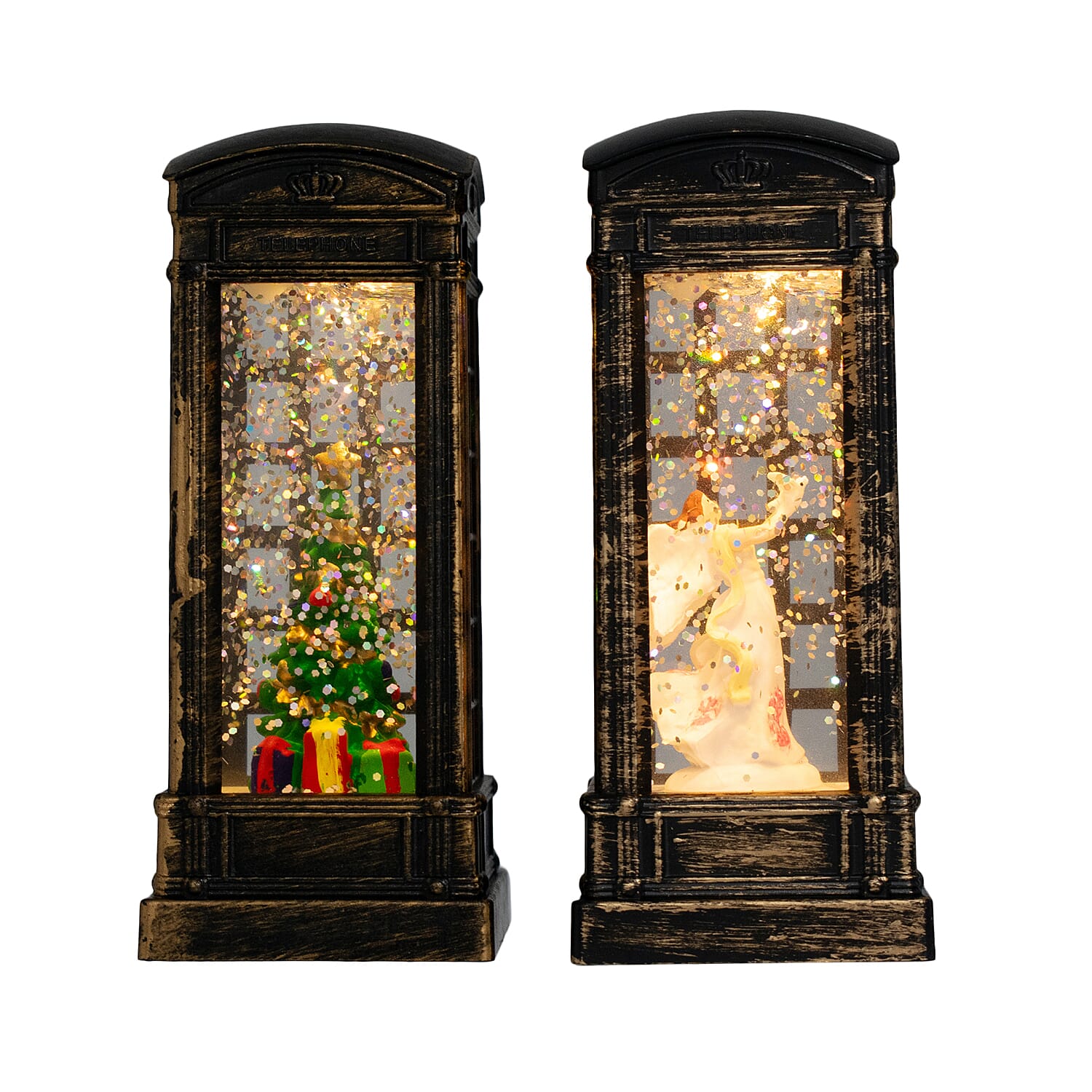 Set of 2 Light Up Telephone Box Christmas Decoration (Angel & Tree) - Multi