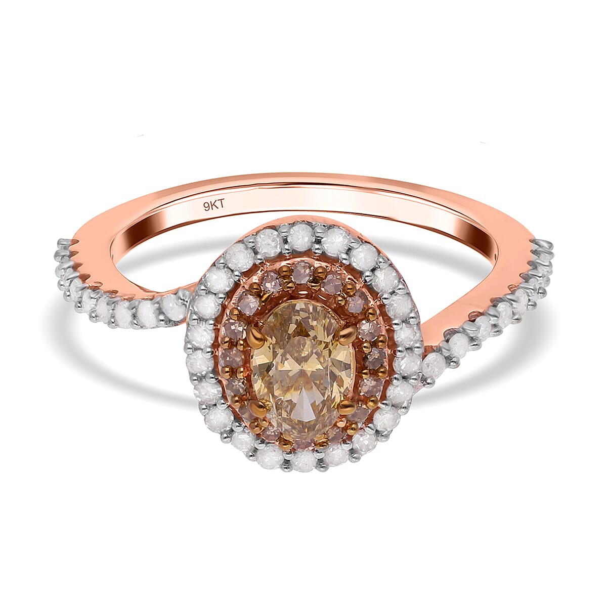 9K Rose Gold Champagne Diamond (0.50 Ct Center) and White Diamond Bypass Halo Ring 1.0 Ct