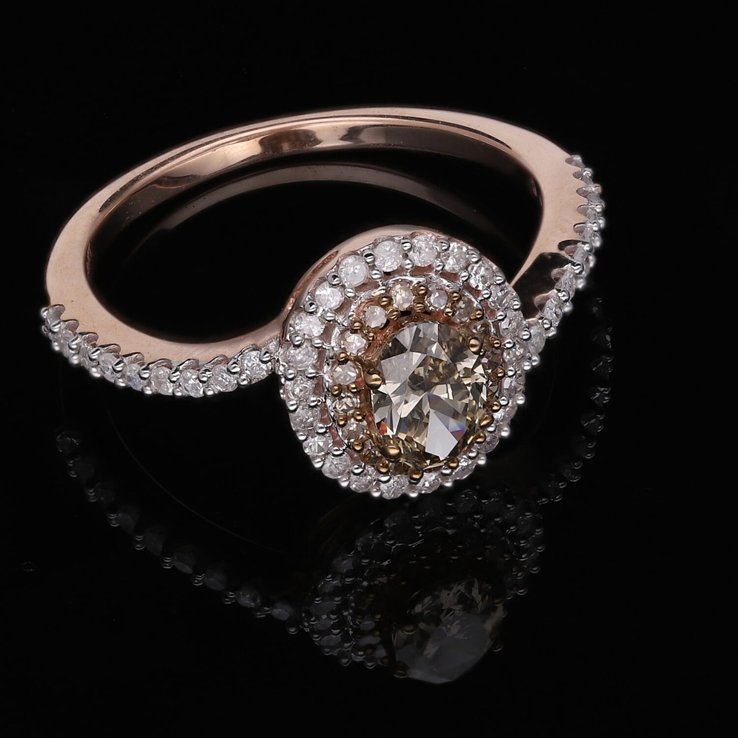 9K Rose Gold Champagne Diamond (0.50 Ct Center) and White Diamond Bypass Halo Ring 1.0 Ct