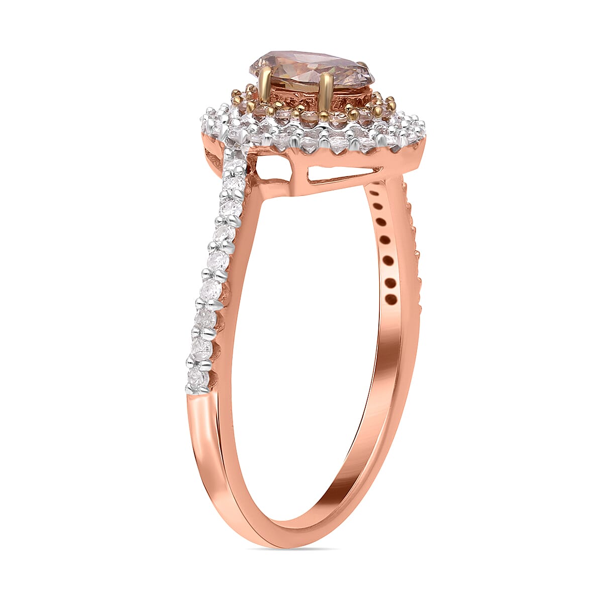 9K Rose Gold Champagne Diamond (0.50 Ct Center) and White Diamond Bypass Halo Ring 1.0 Ct