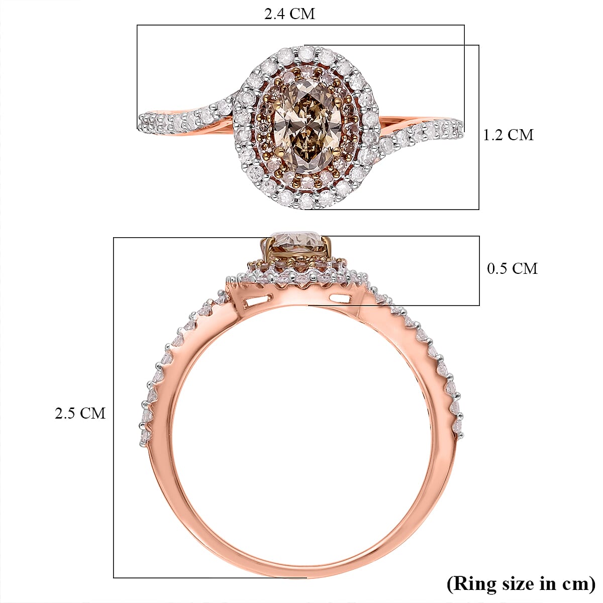 9K Rose Gold Champagne Diamond (0.50 Ct Center) and White Diamond Bypass Halo Ring 1.0 Ct