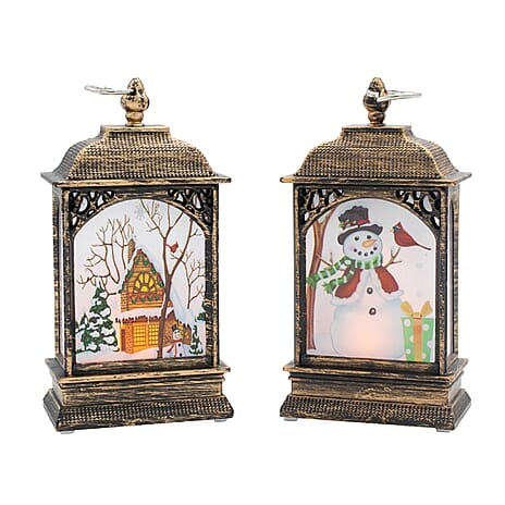 Set of 2 Mini Lantern Decoration with Christmas Designs (Home & Snowman) - Multi
