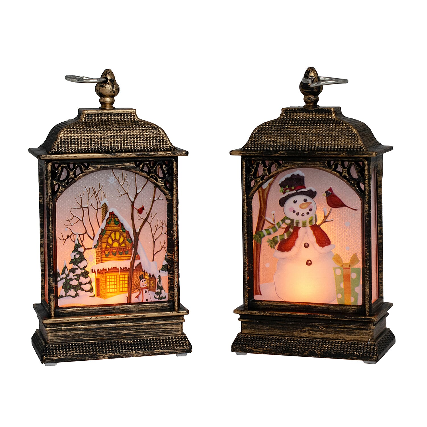 Set of 2 Mini Lantern Decoration with Christmas Designs (Home & Snowman) - Multi