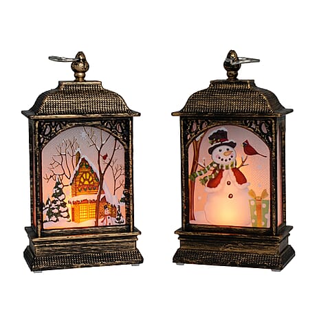 Set of 2 Mini Lantern Decoration with Christmas Designs (Home & Snowman) - Multi