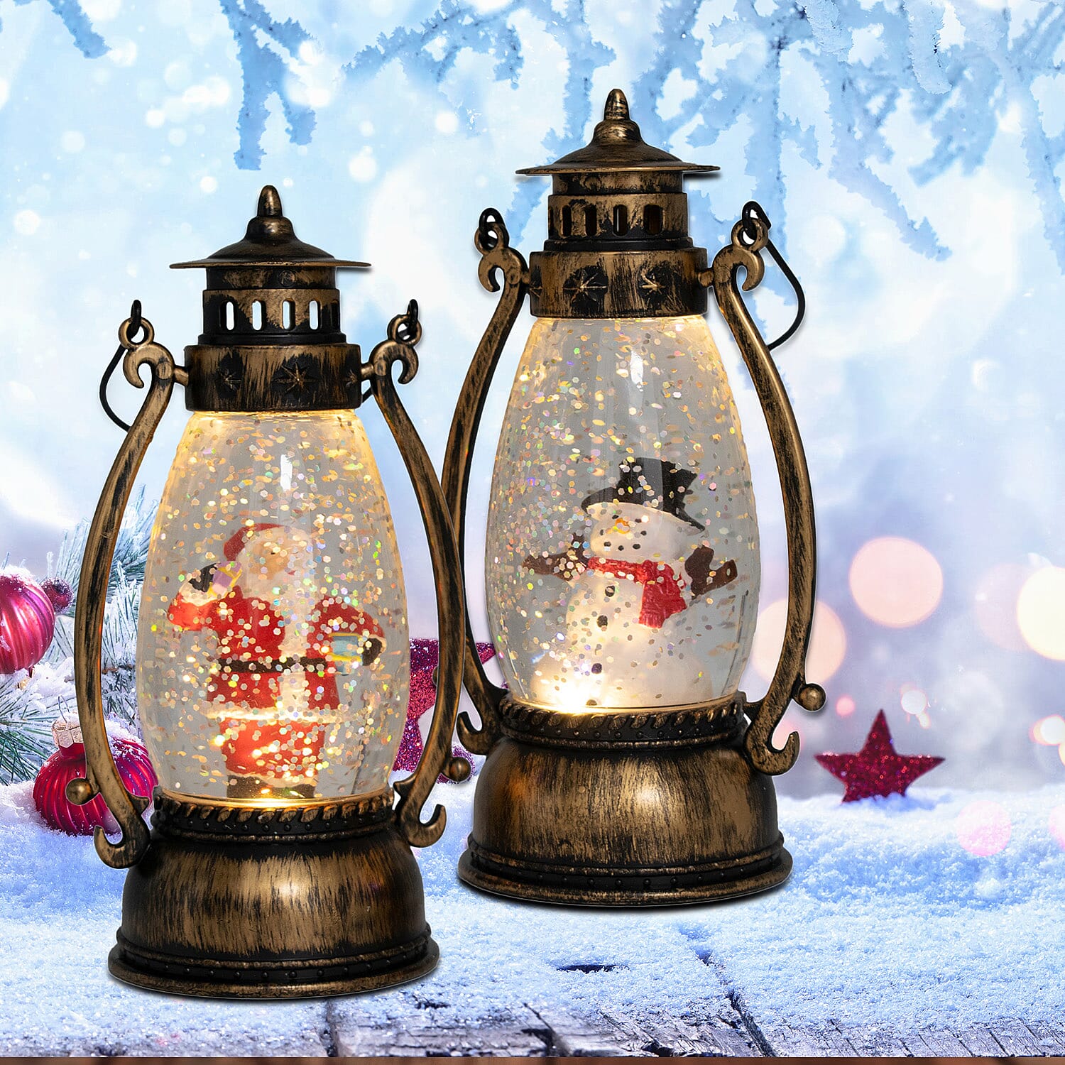 Set of 2 Snowman Scene Light Up Lantern - Multi