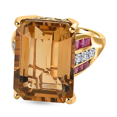 Collectors Edition Minas Gerais Citrine Emerald Cut 18X13mm, Ruby (FF) & Natural Zircon Ring in 18K Vermeil Yellow Gold Plated Sterling Silver 16.97 Ct, Silver Wt. 5.11 Gms.