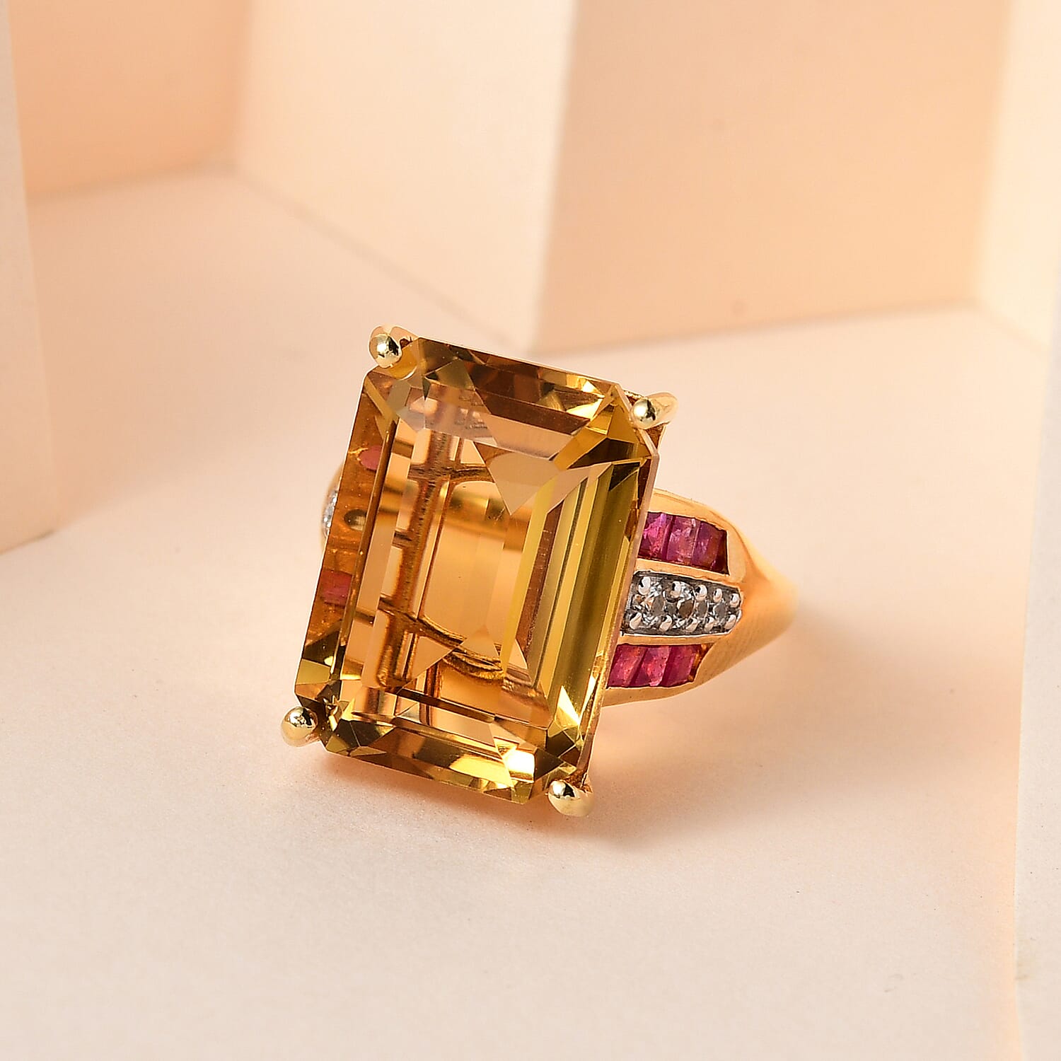 Collectors Edition Minas Gerais Citrine Emerald Cut 18X13mm, Ruby (FF) & Natural Zircon Ring in 18K Vermeil Yellow Gold Plated Sterling Silver 16.97 Ct, Silver Wt. 5.11 Gms.
