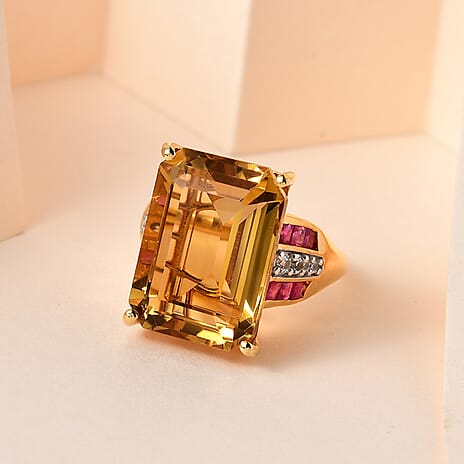 Collectors Edition Minas Gerais Citrine Emerald Cut 18X13mm, Ruby (FF) & Natural Zircon Ring in 18K Vermeil Yellow Gold Plated Sterling Silver 16.97 Ct, Silver Wt. 5.11 Gms.