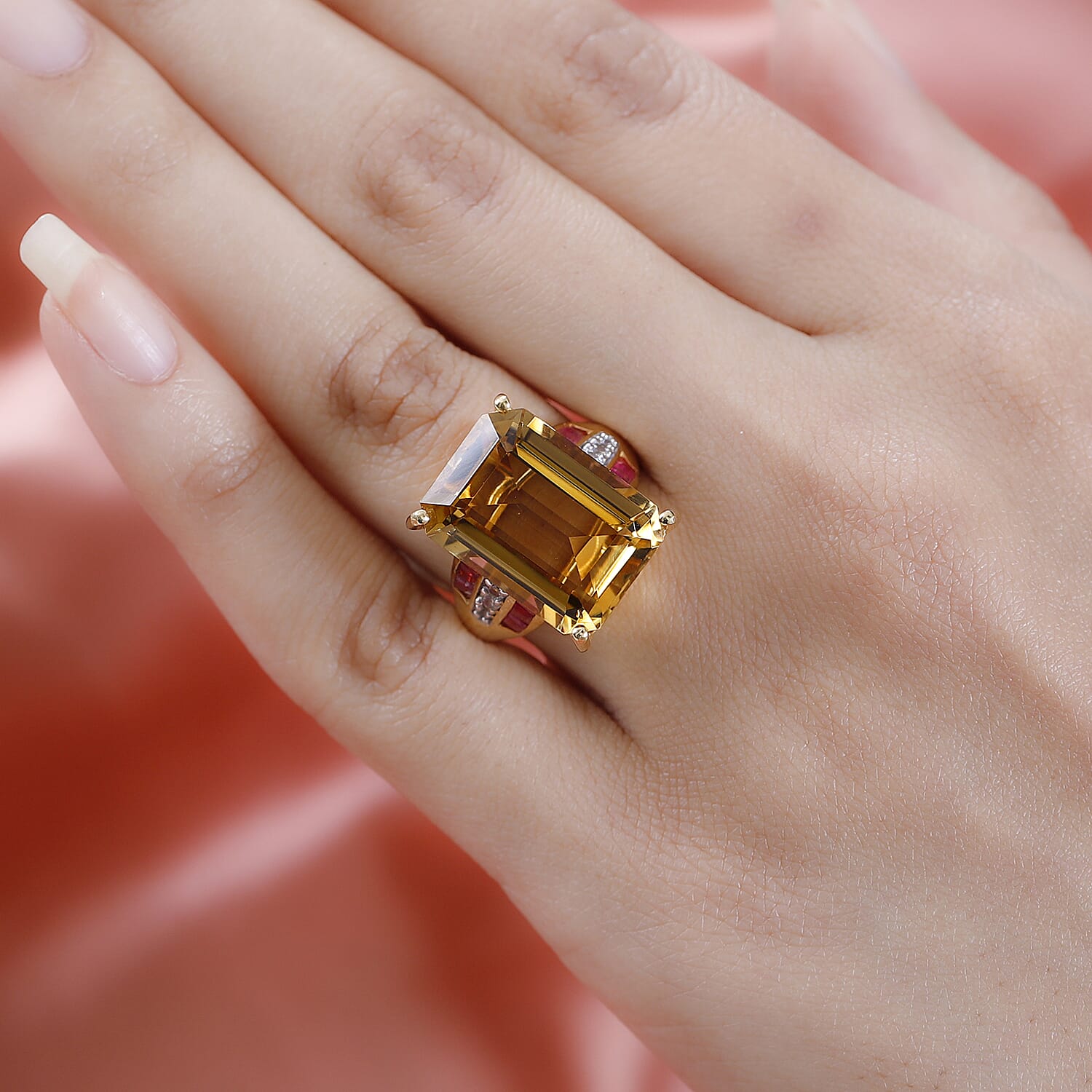 Collectors Edition Minas Gerais Citrine Emerald Cut 18X13mm, Ruby (FF) & Natural Zircon Ring in 18K Vermeil Yellow Gold Plated Sterling Silver 16.97 Ct, Silver Wt. 5.11 Gms.