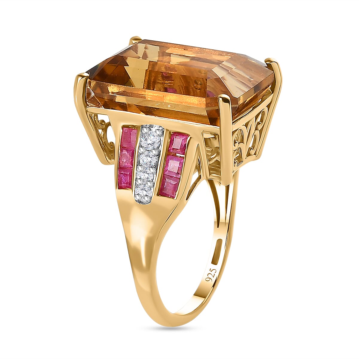 Collectors Edition Minas Gerais Citrine Emerald Cut 18X13mm, Ruby (FF) & Natural Zircon Ring in 18K Vermeil Yellow Gold Plated Sterling Silver 16.97 Ct, Silver Wt. 5.11 Gms.