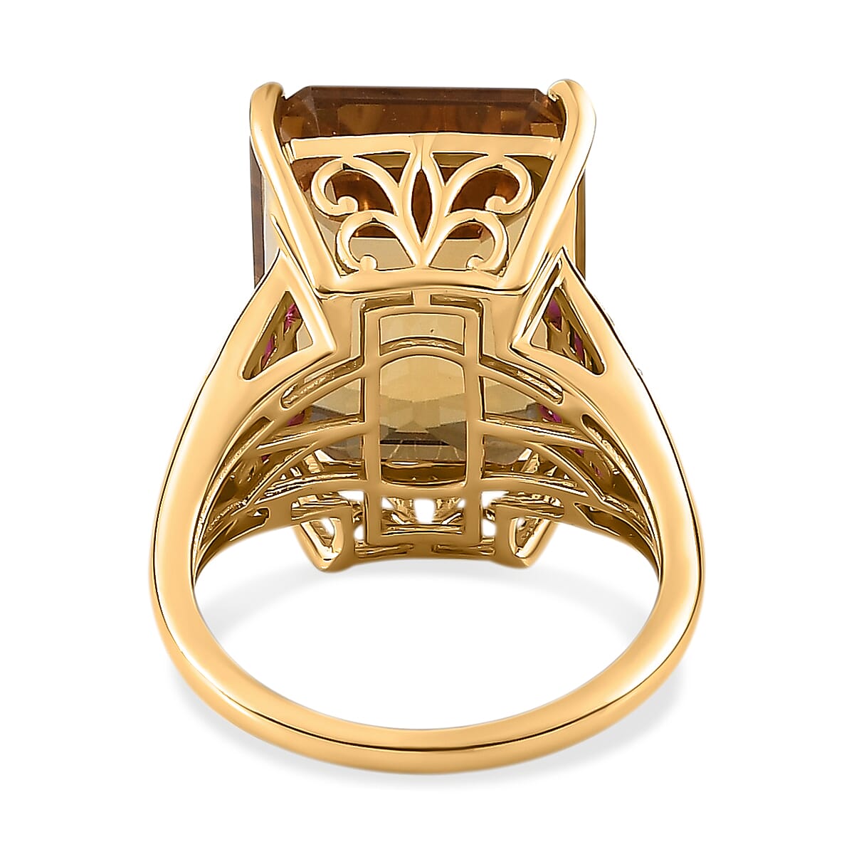 Collectors Edition Minas Gerais Citrine Emerald Cut 18X13mm, Ruby (FF) & Natural Zircon Ring in 18K Vermeil Yellow Gold Plated Sterling Silver 16.97 Ct, Silver Wt. 5.11 Gms.