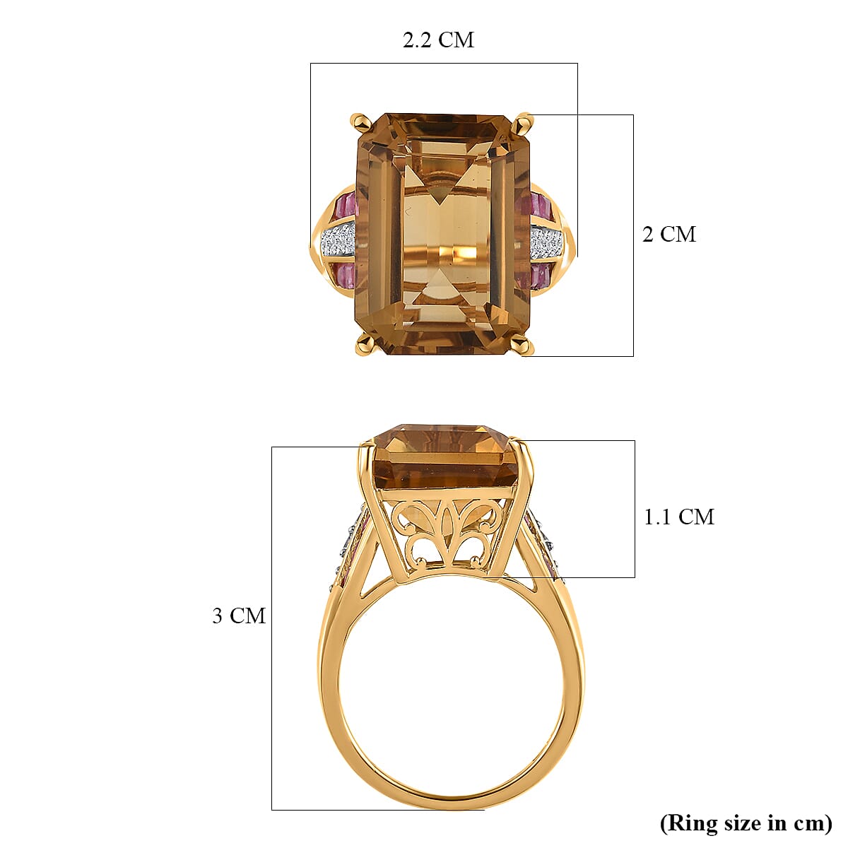 Collectors Edition Minas Gerais Citrine Emerald Cut 18X13mm, Ruby (FF) & Natural Zircon Ring in 18K Vermeil Yellow Gold Plated Sterling Silver 16.97 Ct, Silver Wt. 5.11 Gms.