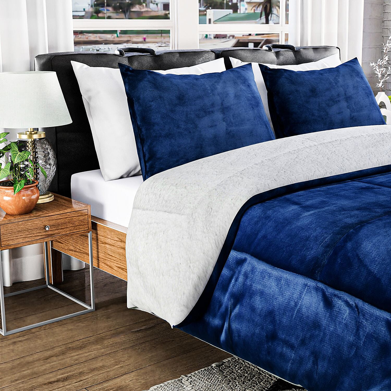 NEW - Sherpa Comforter & 2 Pillow Cases - Navy