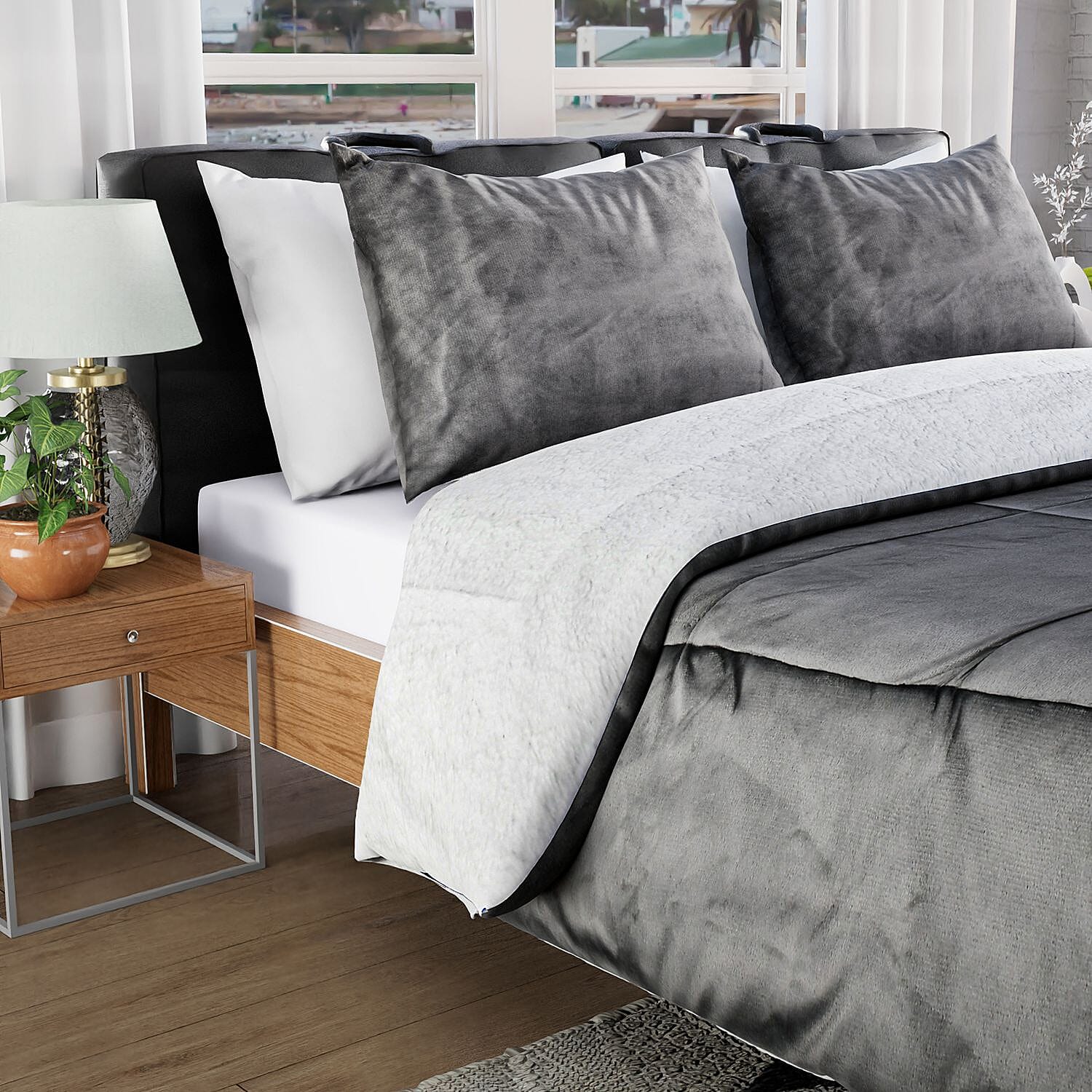 NEW - Sherpa Comforter & 2 Pillow Cases - Navy