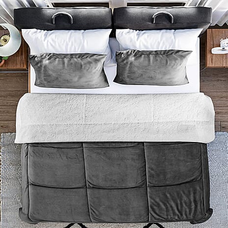 NEW - Set Of 3 Sherpa Comforter (Size King) & 2 Pillow Cases (Size 75x50cm) - Grey