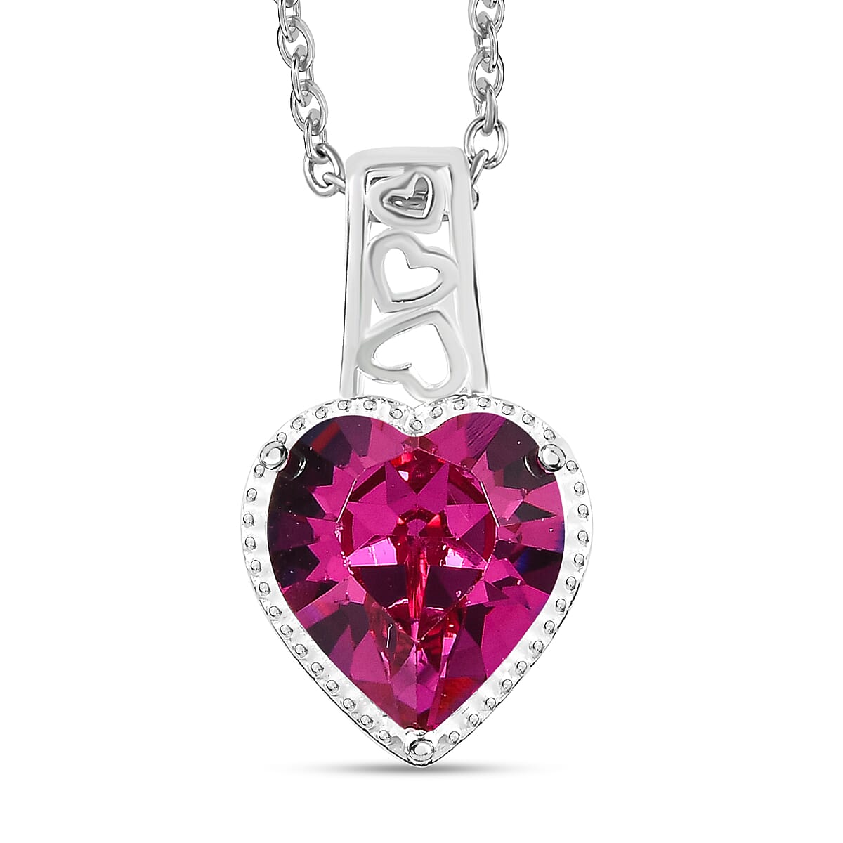 Fuchsia Austrian Crystal Sterling Silver Heart Pendant with Stainless Steel Chain (Size 20)