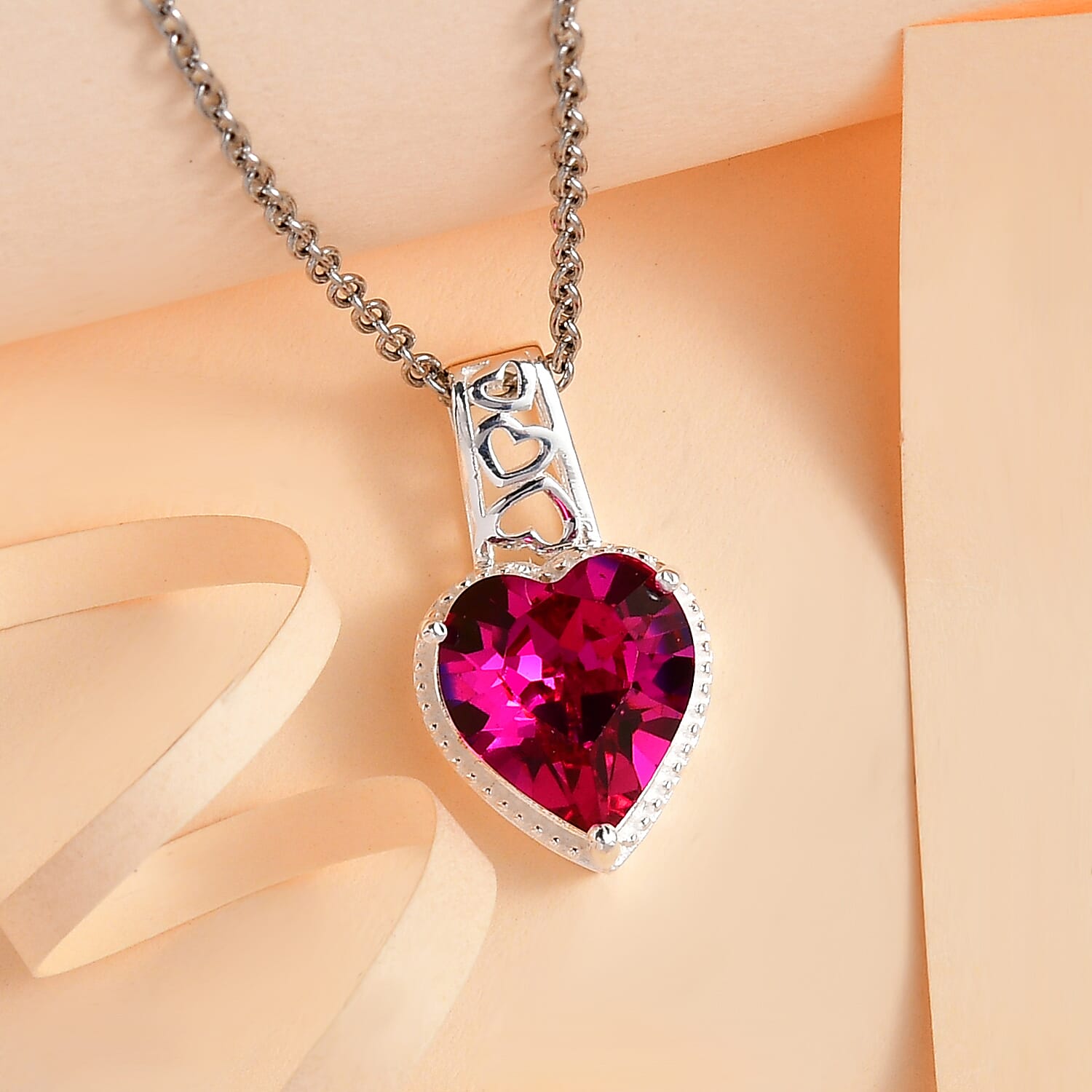 Fuchsia Austrian Crystal Sterling Silver Heart Pendant with Stainless Steel Chain (Size 20)