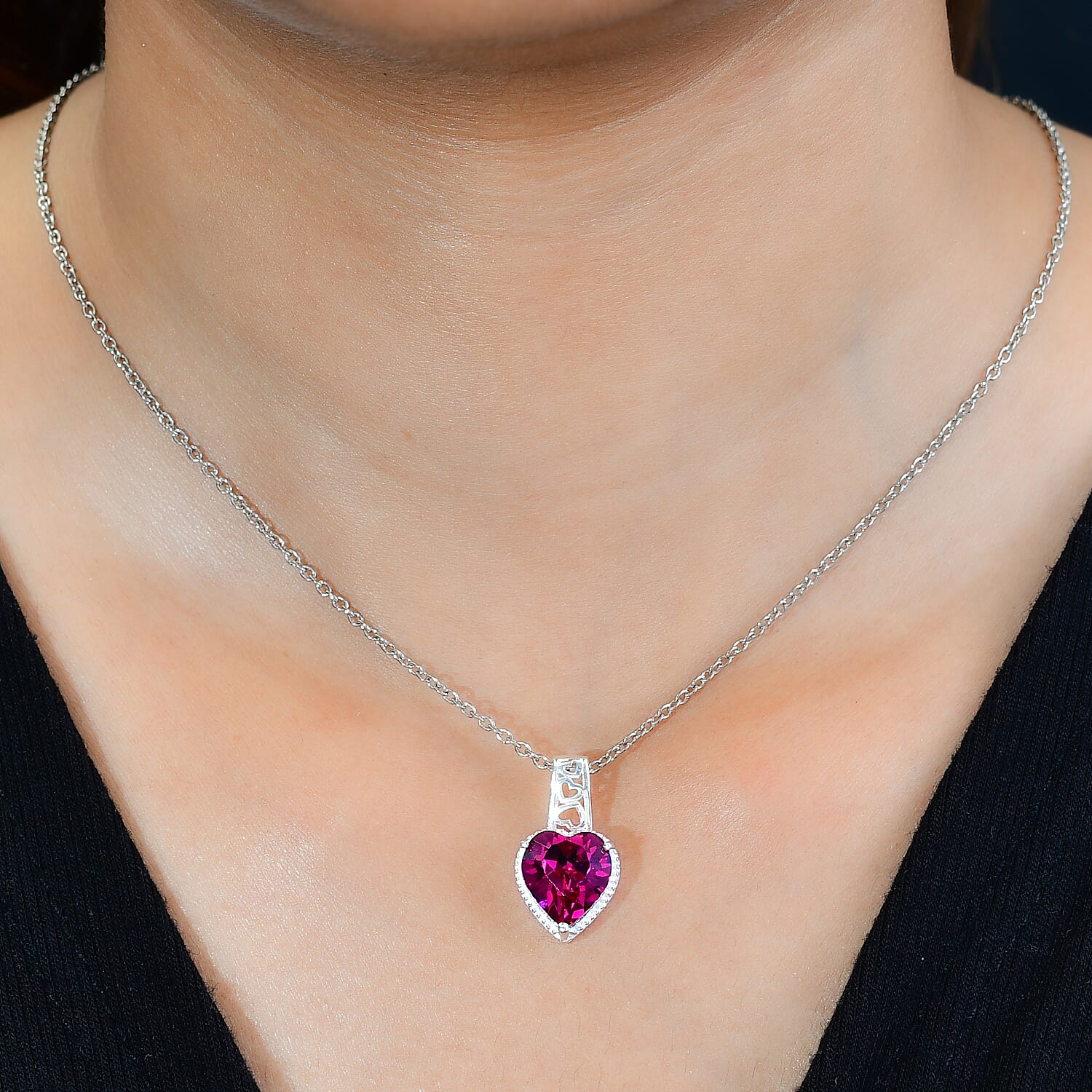 Fuchsia Austrian Crystal Sterling Silver Heart Pendant with Stainless Steel Chain (Size 20)