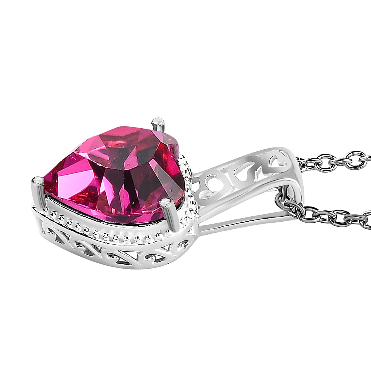 Fuchsia Austrian Crystal Sterling Silver Heart Pendant with Stainless Steel Chain (Size 20)