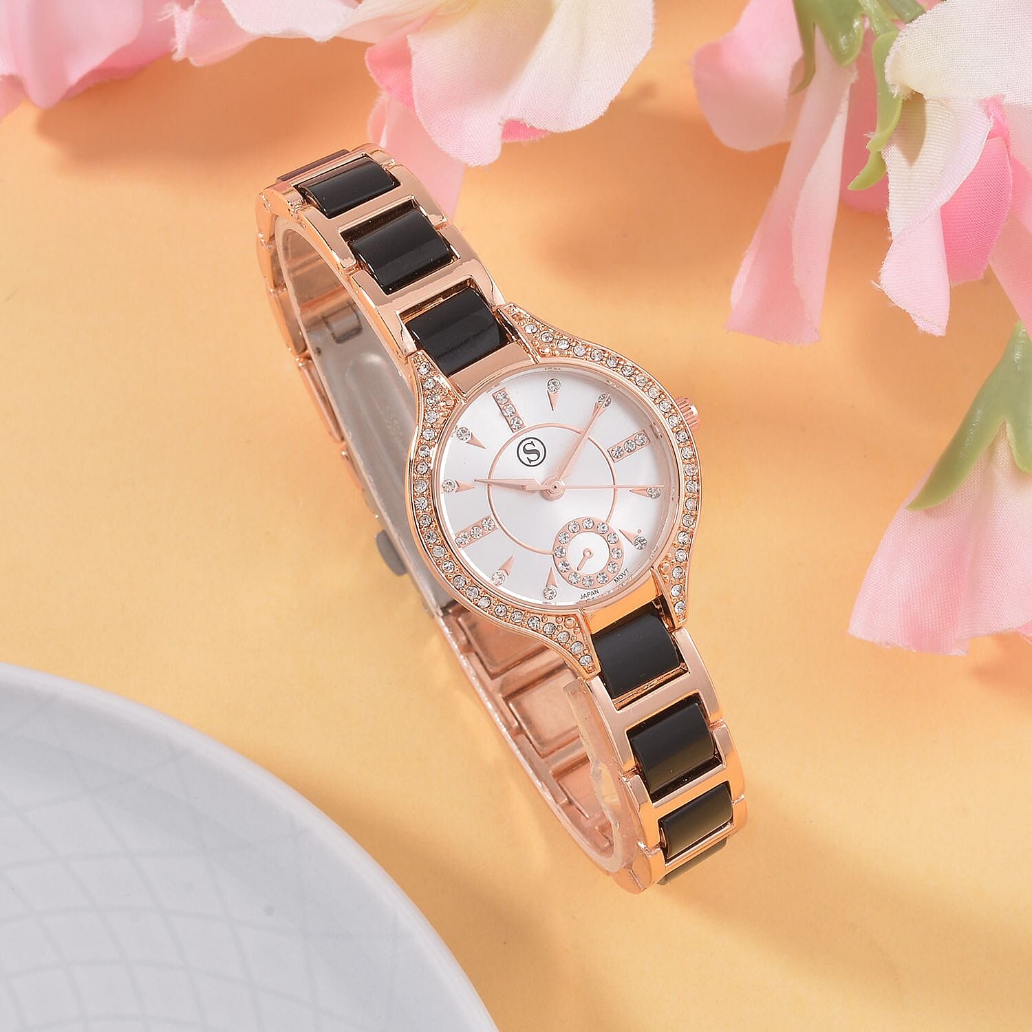 STRADA Japanese Movement Crystal Studded Water Resistant Watch with Alloy Strap and Stainless Steel Back in Rose Gold Tone