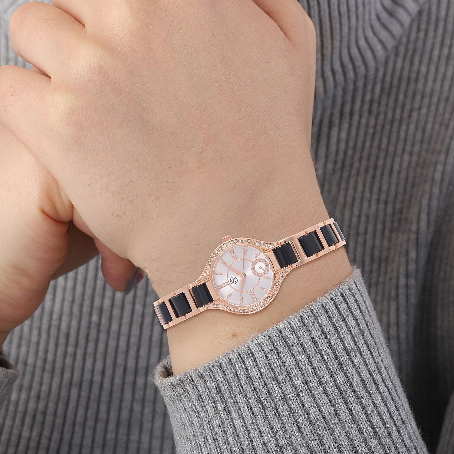 STRADA Japanese Movement Crystal Studded Water Resistant Watch with Alloy Strap and Stainless Steel Back in Rose Gold Tone