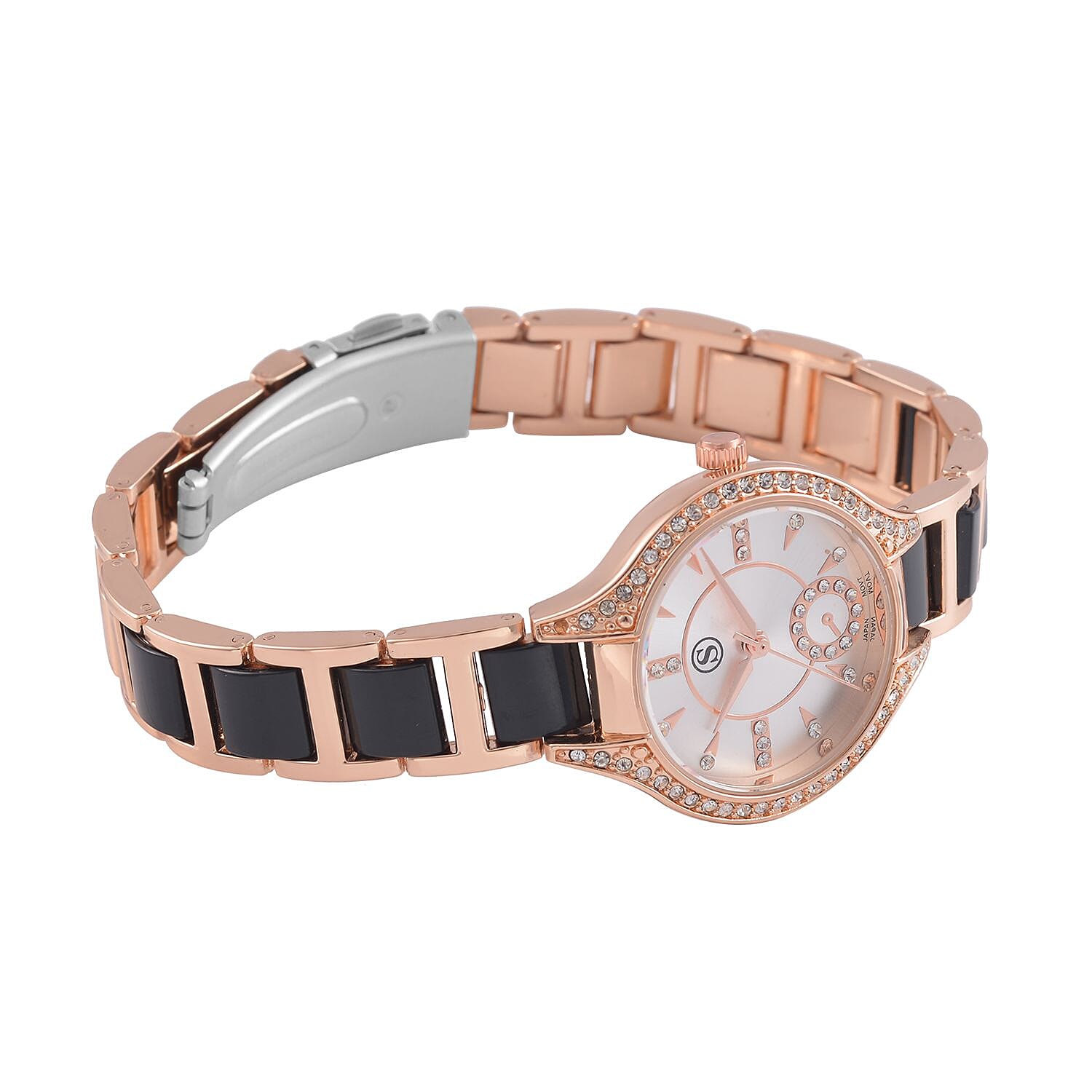 STRADA Japanese Movement Crystal Studded Water Resistant Watch with Alloy Strap and Stainless Steel Back in Rose Gold Tone