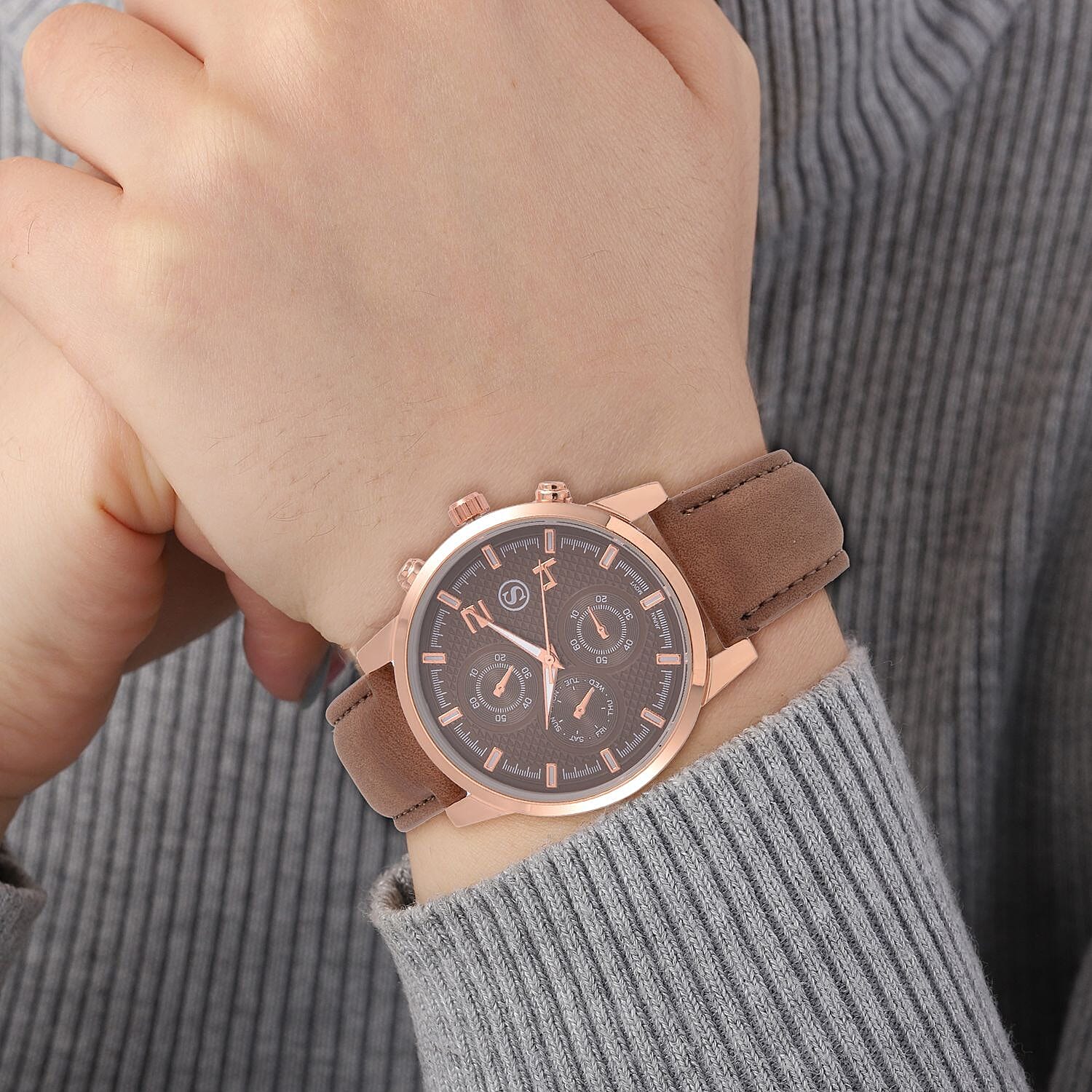 STRADA Japanese Movement Brown Dial Water Resistant Watch with Stainless Steel Back in Rose Gold Tone