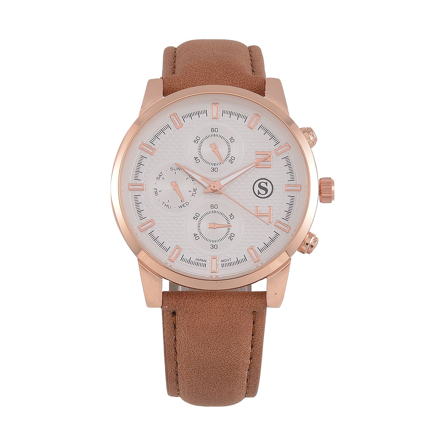 STRADA Japanese Movement White Dial Water Resistant Watch with Stainless Steel Back in Rose Gold Tone & Coffee Leather Strap