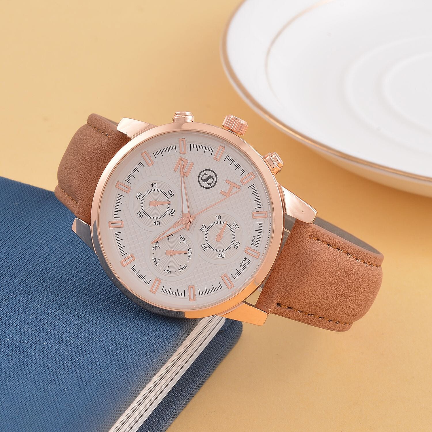 STRADA Japanese Movement White Dial Water Resistant Watch with Stainless Steel Back in Rose Gold Tone & Coffee Leather Strap