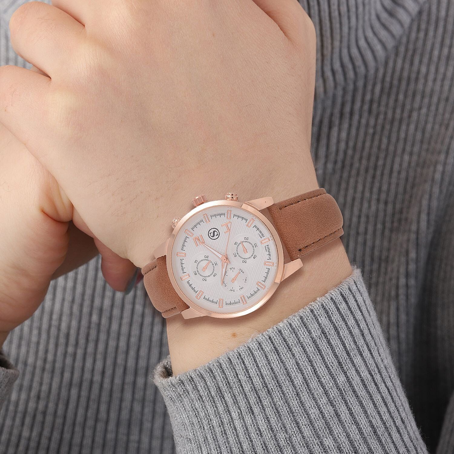 STRADA Japanese Movement White Dial Water Resistant Watch with Stainless Steel Back in Rose Gold Tone & Coffee Leather Strap