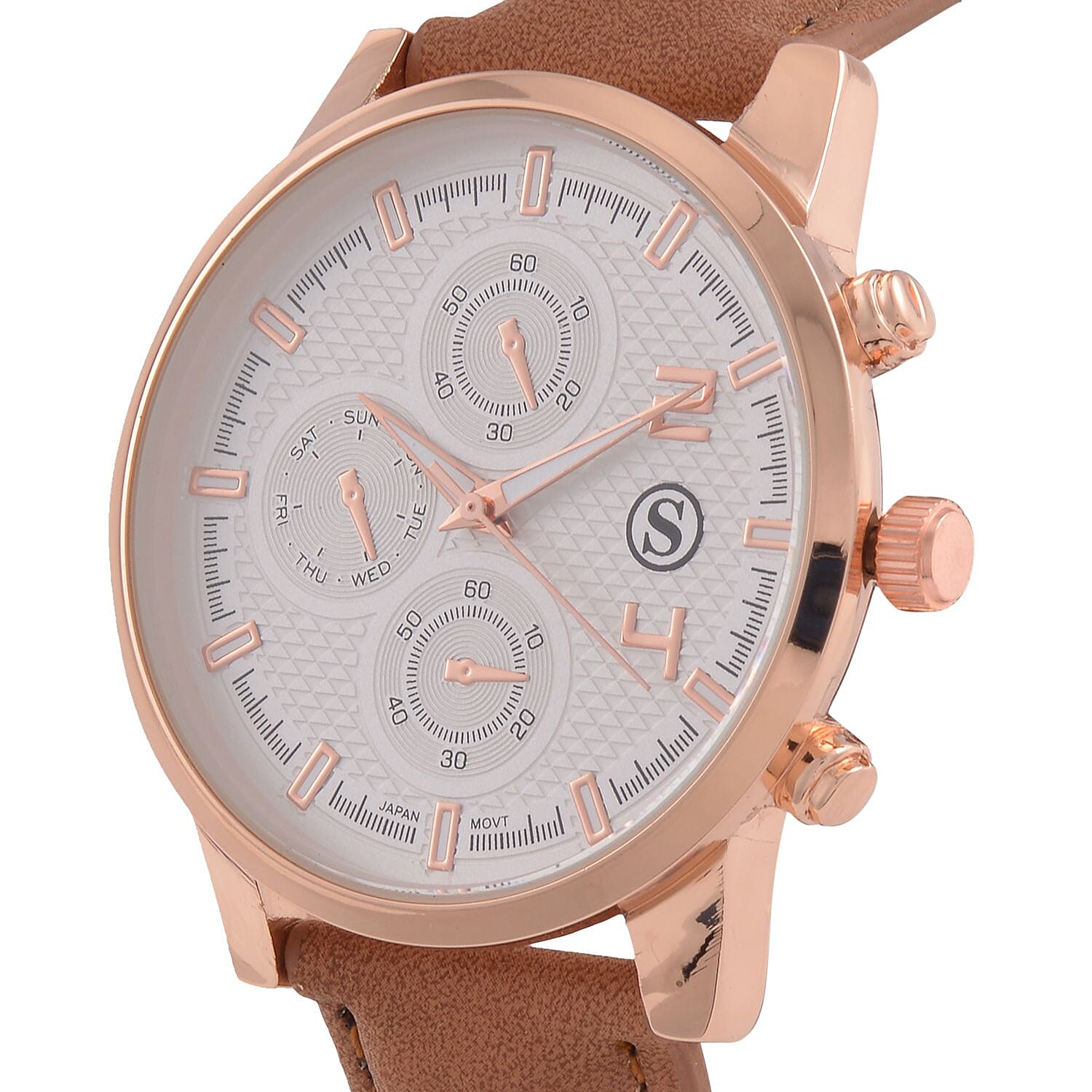 STRADA Japanese Movement White Dial Water Resistant Watch with Stainless Steel Back in Rose Gold Tone & Coffee Leather Strap