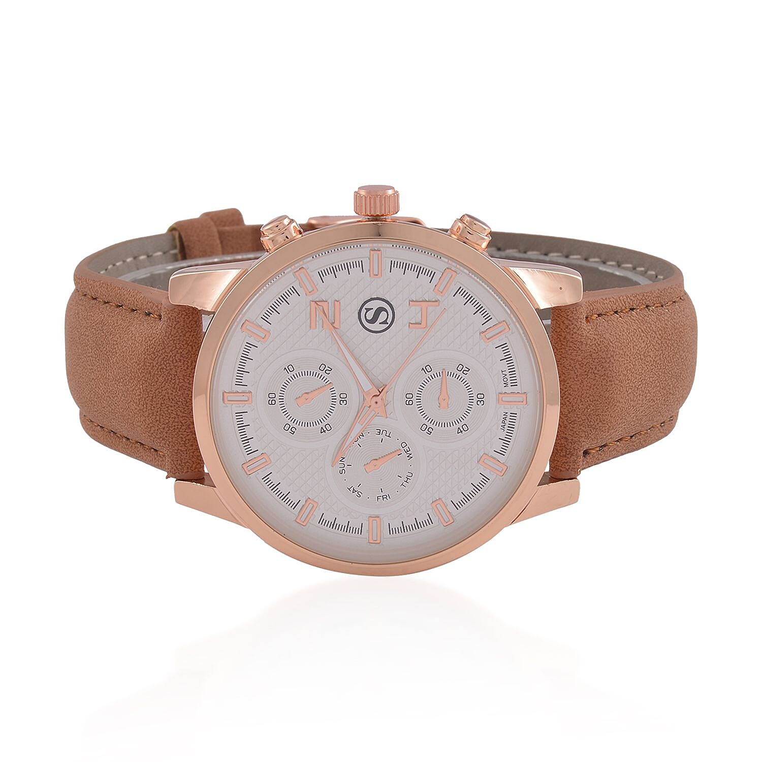 STRADA Japanese Movement White Dial Water Resistant Watch with Stainless Steel Back in Rose Gold Tone & Coffee Leather Strap