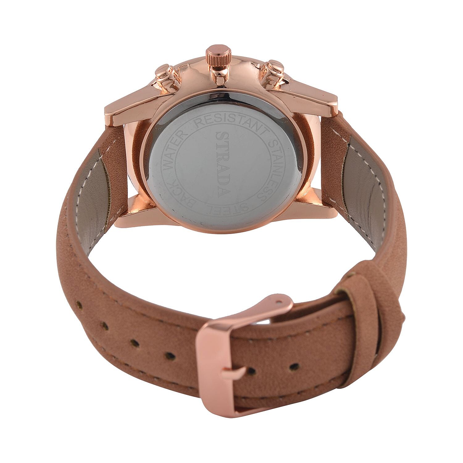 STRADA Japanese Movement White Dial Water Resistant Watch with Stainless Steel Back in Rose Gold Tone & Coffee Leather Strap