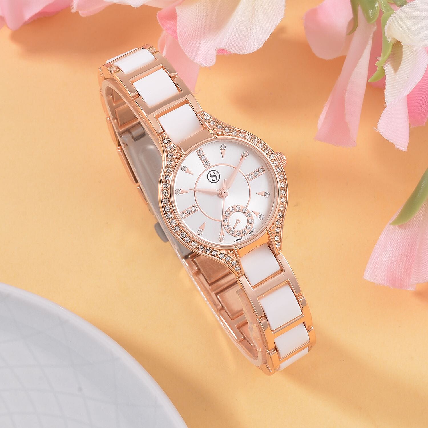 STRADA Japanese Movement Crystal Studded Water Resistant Watch with Alloy Strap and Stainless Steel Back in Rose Gold Tone