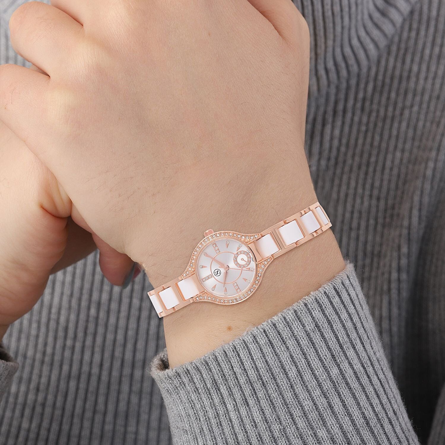 STRADA Japanese Movement Crystal Studded Water Resistant Watch with Alloy Strap and Stainless Steel Back in Rose Gold Tone