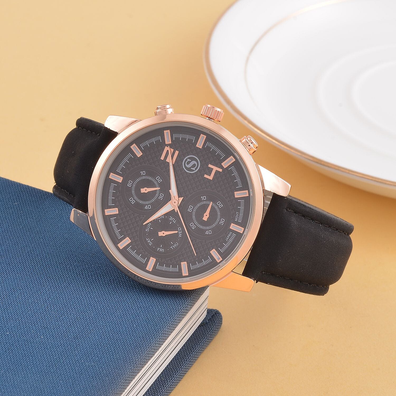 STRADA Japanese Movement Black Dial Water Resistant Watch with Stainless Steel Back in Rose Gold Tone