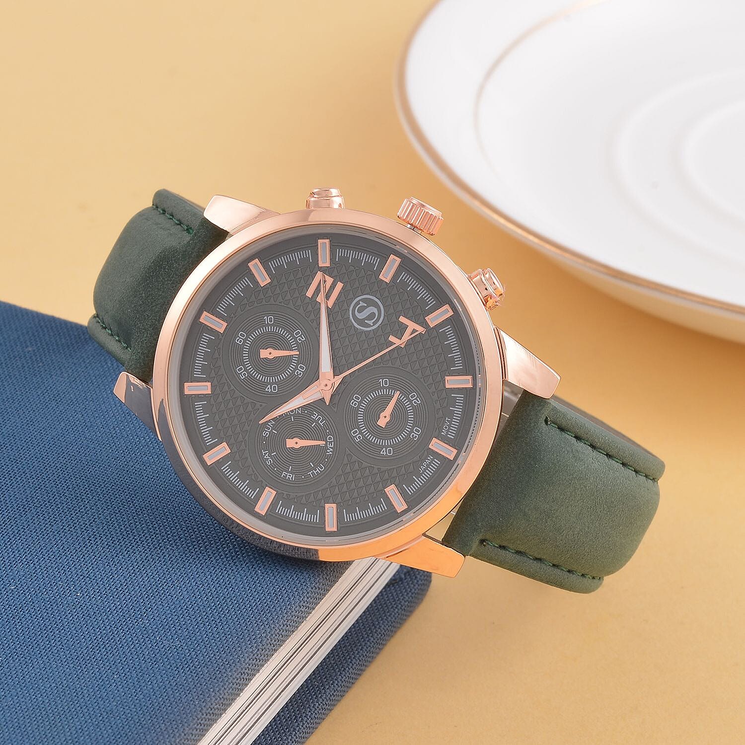 STRADA Japanese Movement Green Dial Water Resistant Watch with Stainless Steel Back in Rose Gold Tone