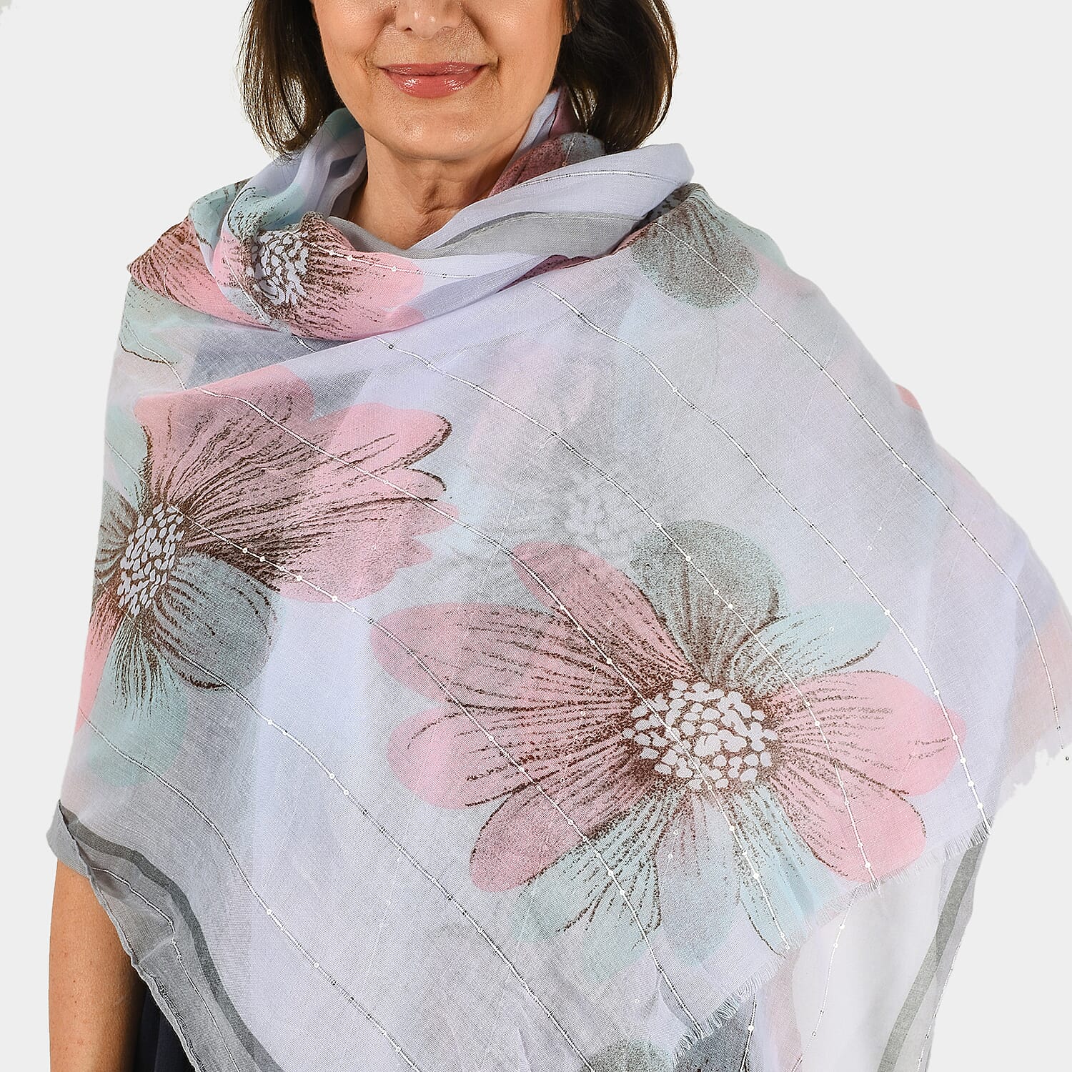 Closeout Scarf Large Flower Print with Sequins (Size 85x180 cm) - Light Grey