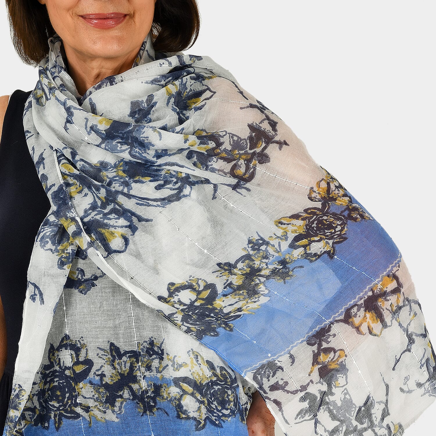 Closeout Scarf Floral Print with Sequins (Size180x60 cm) - Navy
