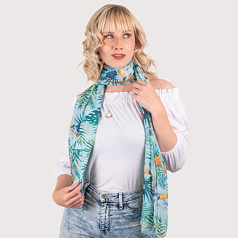 Closeout Scarf with Tropical Print (Size 170x65 cm) - Green & Multi