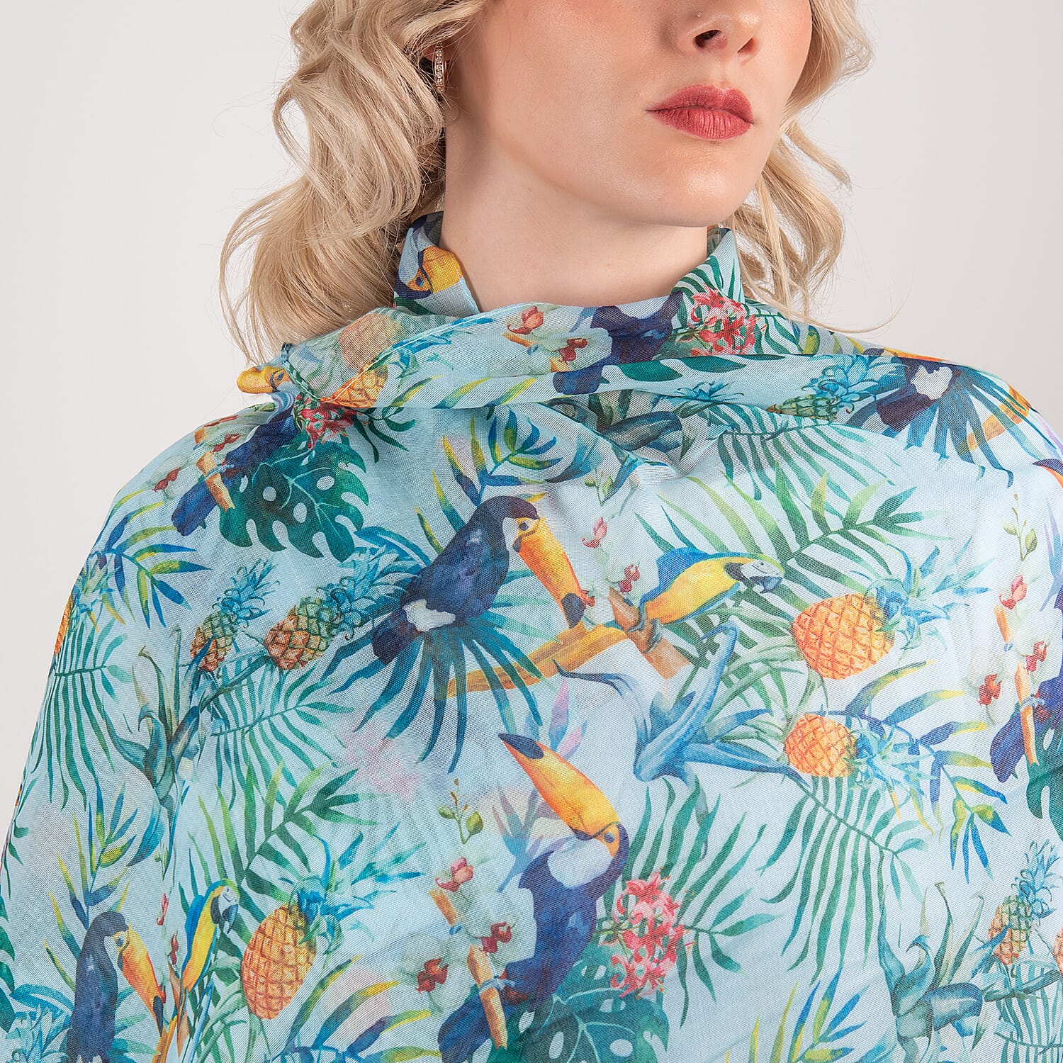 Closeout Scarf with Tropical Print (Size 170x65 cm) - Green & Multi