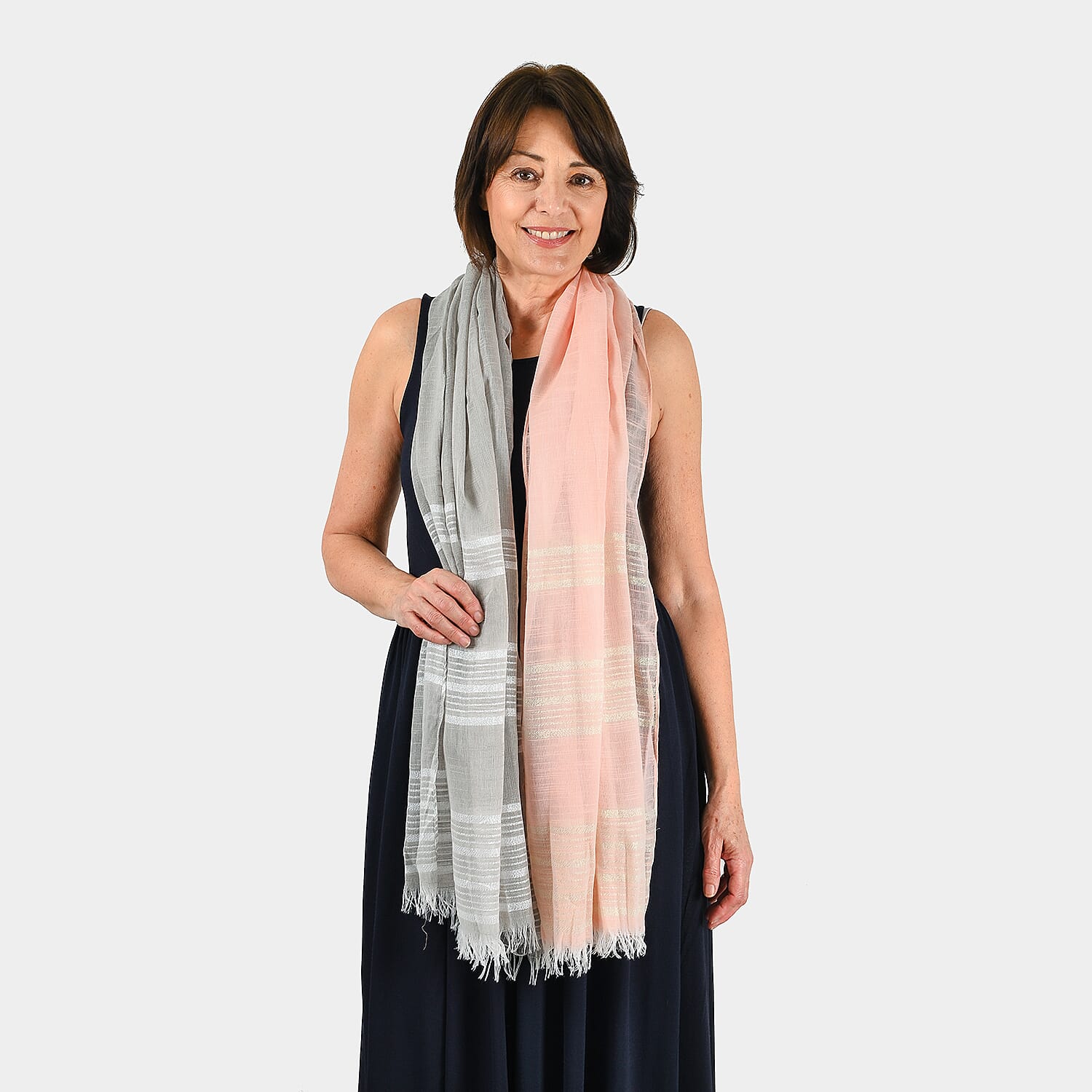 Closeout Scarf with Lurex Stripes (Size 80x180 cm) - Grey & Peach