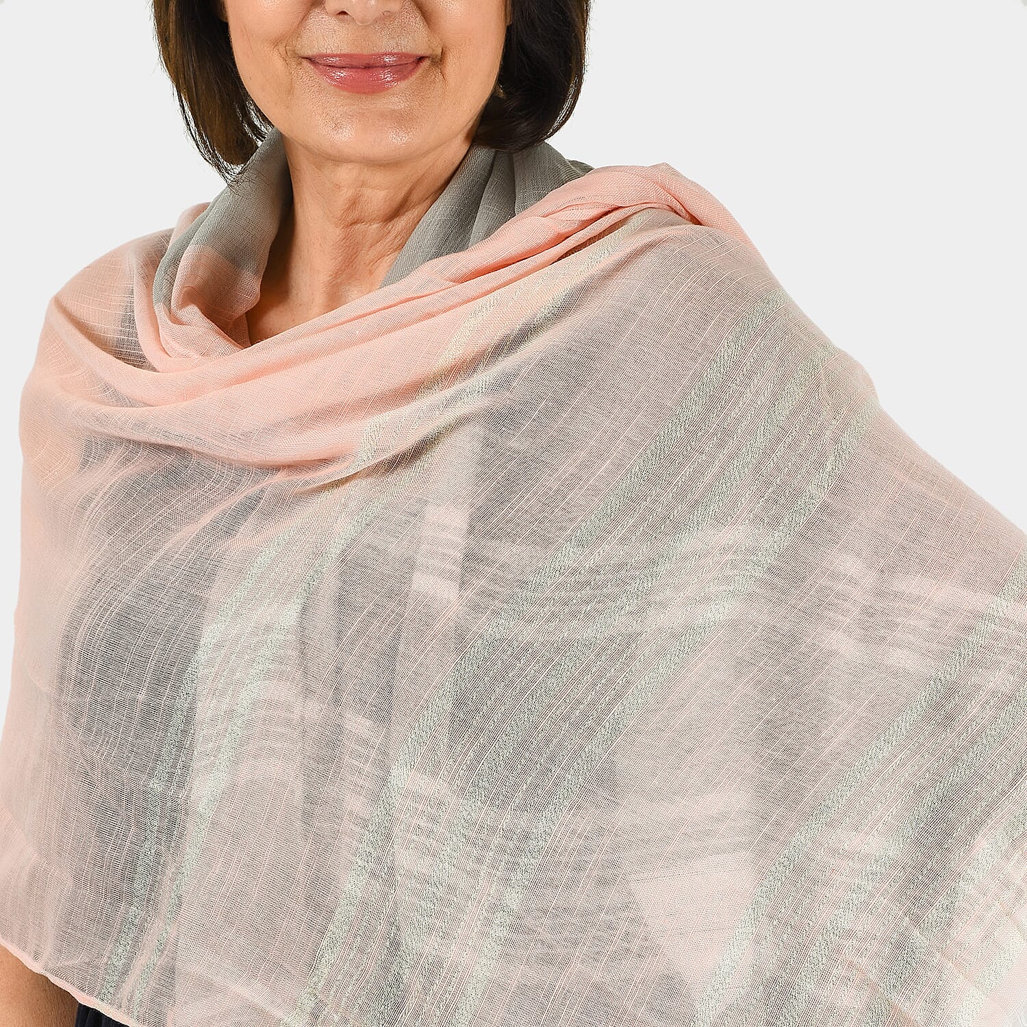 Closeout Scarf with Lurex Stripes (Size 80x180 cm) - Grey & Peach