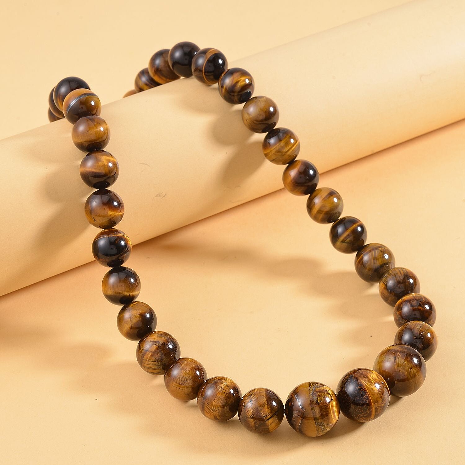Golden Tigers Eye Beads Necklace (Size - 20) in Rhodium Overlay Sterling Silver 770 Ct.